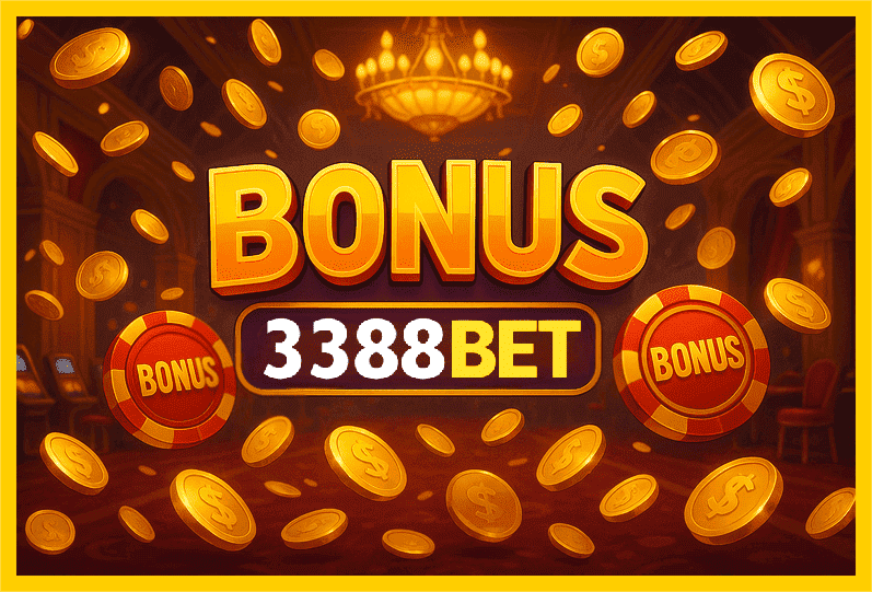 Imagem promovendo bônus 3388BET com recompensas imperdíveis.